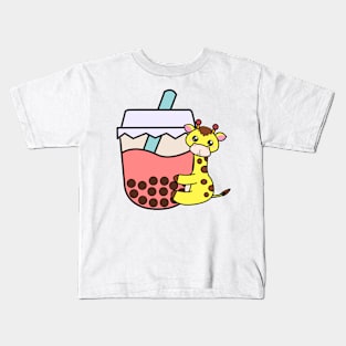 Baby Kawaii Giraffe Hugs Sweet Bubble Tea Pink Boba Tea Kids T-Shirt